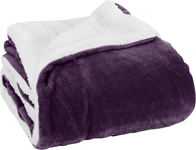 Elegant Comfort Luxury Ultra-Plush Velvet Touch Fleece Throw Soft, Warm, Cozy| Micromink Sherpa-Backing Reversible Blanket for Bed, Sofa and Couch, Solid Purple