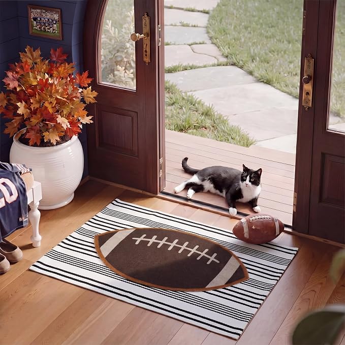Moucuny 2 Pcs Football Coir Doormat Outdoor 16'' x 28'' Rugby Ball Welcome Outdoor Mats Layered 24'' x 35'' Black White Striped Rugs for Front Door Porch Entryway Decor for Game Day, Home Gym