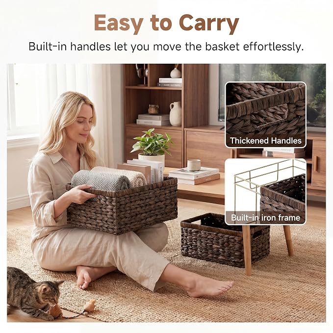 StorageWorks Large Wicker Baskets for Storage,Dark Brown Baskets,2-Pack | Hyacinth Dark Brown Wicker Baskets with Handles,Wicker Storage Baskets for Organizing,Wicker Storage Baskets for Shelves