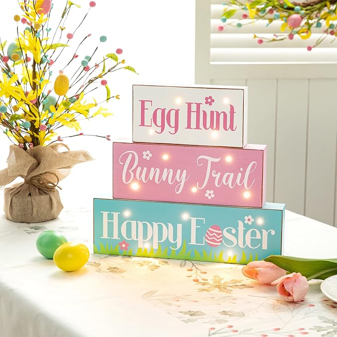 Glitzhome LED Lighted Wooden Easter Table Sign Spring Home Decor for Holiday Easter Party Supplies Props