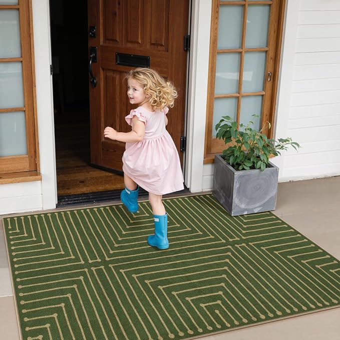 Lahome Green 3x5 Outdoor Rug for Entryway,Rhombus Easy Jute Frotn Porch Rug | Farmhouse Non Slip Non Shedding Indoor Outdoor Carpet for Balcony Kitchen