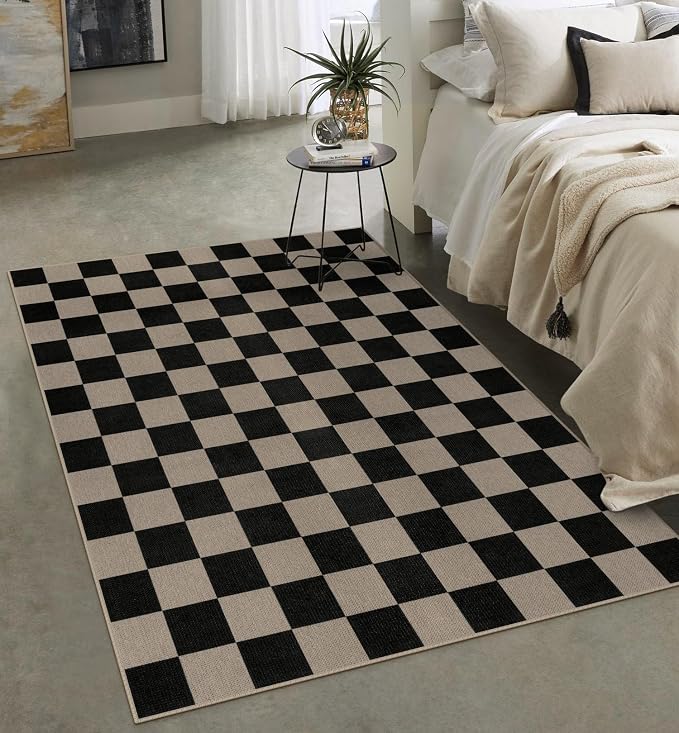 Rugalia Easy Jute Black Checkered 5x7 Area Rug, Washable Modern Rugs for Living Room Non-Slip Checkerboard Bedroom Rug, Farmhouse Indoor Outdoor Carpet for Patio Dining Room Classroom