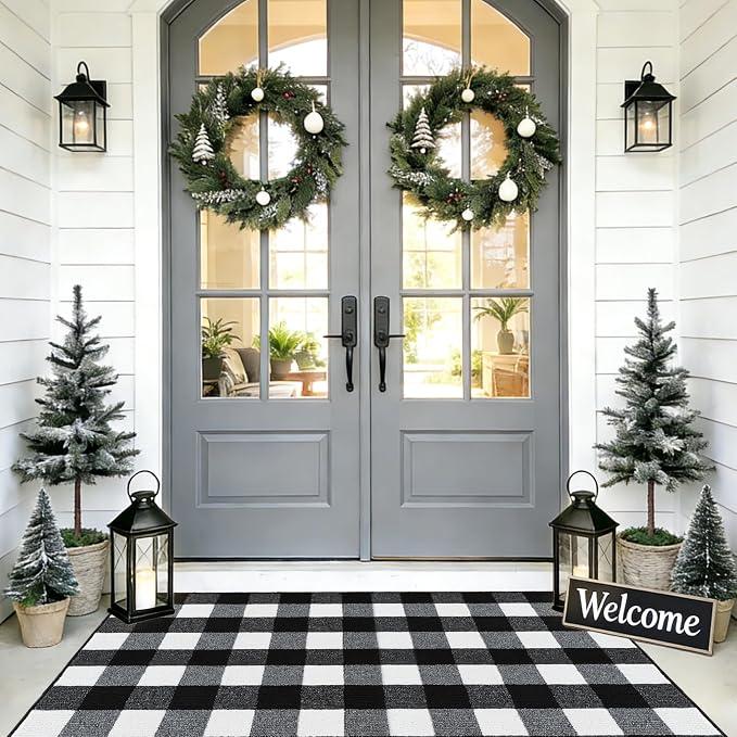 REFETONE Buffalo Plaid Indoor Outdoor Rug 36"x59", Black and White Checkered Front Door Mat with Non-Slip Rubber Back, Washable Low-Profile Entryway Rug for Porch, Kitchen, Layered Doormat Decor