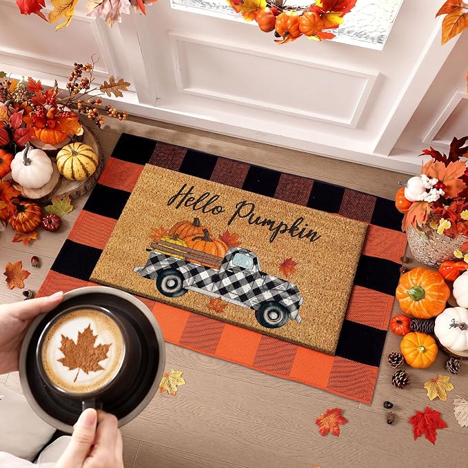 Moucuny 2 Pcs Fall Door Mat, Layered Hello Pumpkin Welcome Coir Doormat with Orange and Black Buffalo Plaid Rug, Non-Slip Backing, Fall Farmhouse Autumn Porch Decor for Entryway Patio Decor