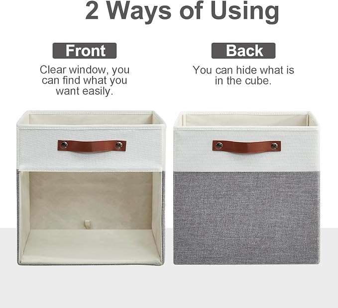 Bagnizer Storage Cubes, 4 Pack Linen Foldable Storage Bins (13 x 13 inch) with Clear Window and 2 Handles, Closet Organizers and Storage for Shelf Closet, Clothes, Books - (Gray and White)