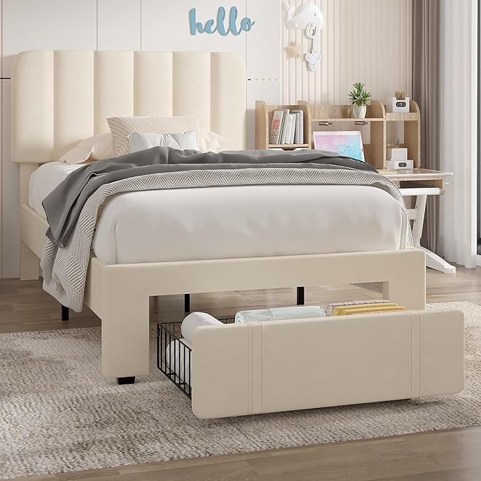 VECELO Twin Size Upholstered Bed Frame with Drawer and Headboard, Velvet Platform Storage Bedframe, Wooden Slats Support, No Box Spring Needed,Bone Beige