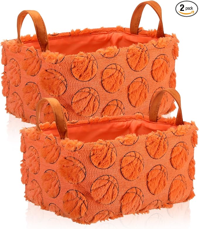 2 Pcs Basketball Storage Basket 14x10'' Back to School Gift Basket | Sport, Foldable, Fluffy, Laundry, Storage Bin with Handle, Closet Organizer, Preppy Dormitory, Countertop Tabletop Shelf