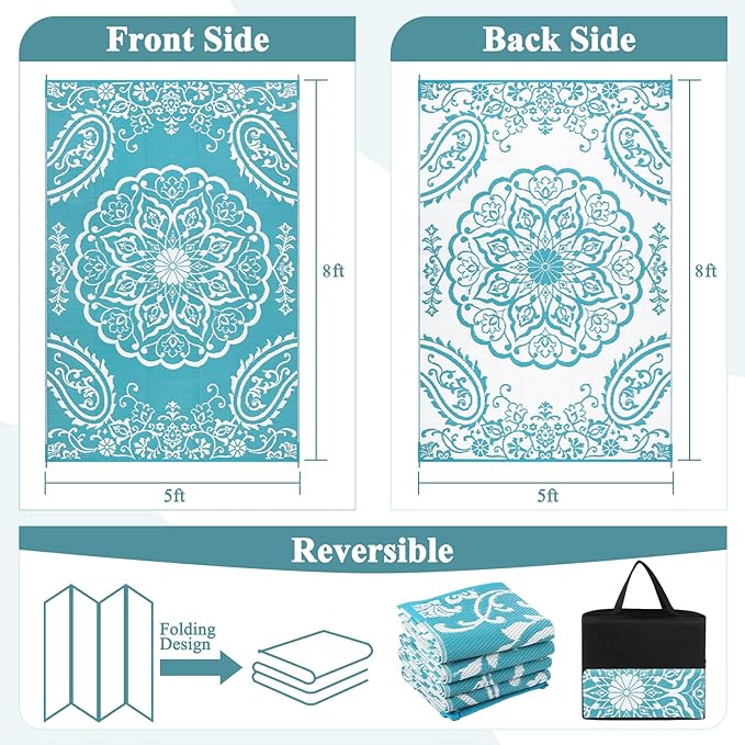 Pauwer Outdoor Rug 5x8, Waterproof Plastic Straw Camping Rug, Boho Teal | Reversible Patio Rug, UV Resistant Indoor Outdoor RV Mat Carpet For Deck, Camper, Porch, Balcony, Backyard, Picnic, Foldable