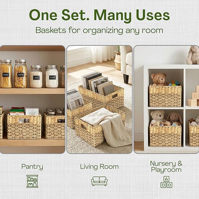 Wicker Storage Basket for Shelves, Set of 4 | Natural Seagrass and Hyacinth, Nesting, Woven Storage Baskets for Organizing Living Room, Shelves, Pantry, Rectangle, Rattan