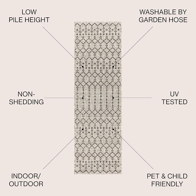 JONATHAN Y Moroccan Geometric Indoor Outdoor Runner Rug 2X14 Light Gray/Black, Ourika Textured Weave for Backyard, Patio, Porch, Easy-Cleaning, High Traffic Pet-Friendly, Non-Shedding SMB108E-214