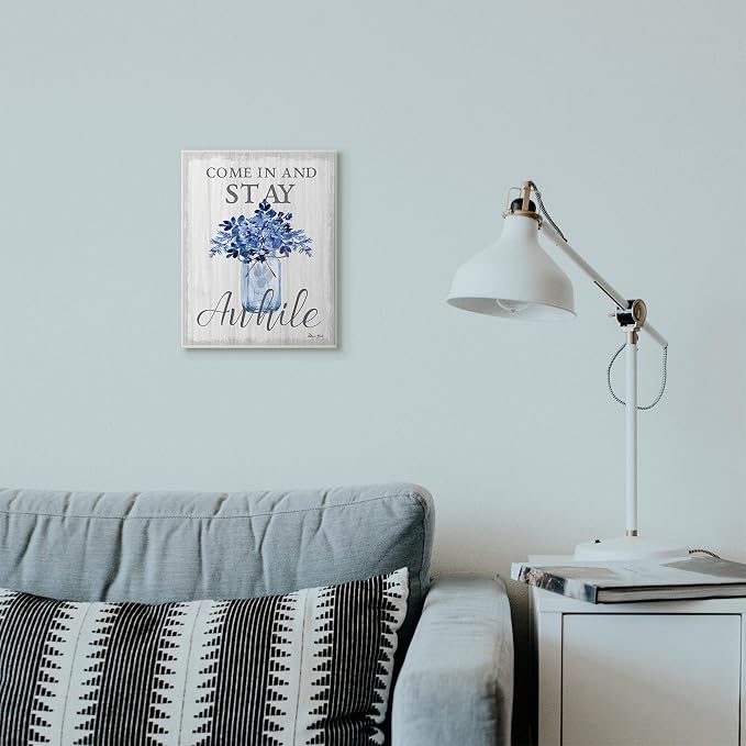 Stupell Industries Stay Awhile Blue Flower Jar Grey Word Design Wall Plaque, Multi-Color