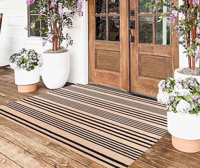 BUAGETUP Outdoor Rug 3'x 5',Tan Striped Washable Area Rug Hand-Woven Cotton Rug Indoor/Outdoor Area Rug Floor Mat for Farmhouse Living Room Bedroom