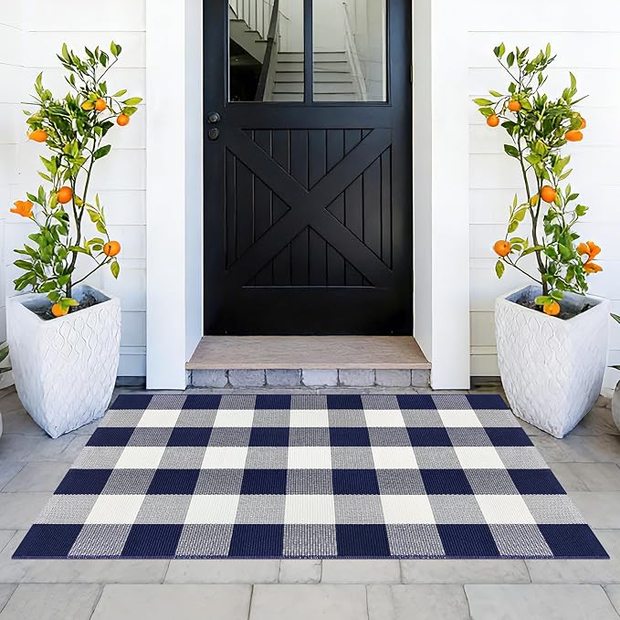 Buffalo Plaid Outdoor Rug 27.5x43 Inches Cotton Woven Navy and White Checkered Doormat Washable Indoor Outdoor Front Porch Carpet for Entryway Farmhouse Decor
