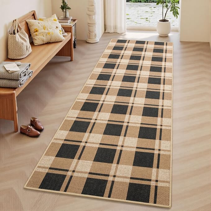 AROGAN Checkered Jute Runner Rug for Hallway, 2x6 Kitchen Runner Washable Rugs Carpet, Long Farmhouse Design Geometric Rugs for Entryway Indoor Laundry Welcome Mat 6 Ft Entry, Black and Brown