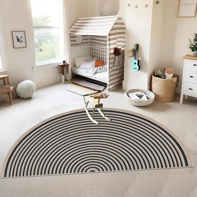 Easy Jute Rainbow Rug 3x6Ft Half Circle Doormat Neutral Faux Jute Carpet for Farmhouse Bedroom Entrance Balcony, Nonslip Half Round Floor Mat for Living Room Patio Kitchen, Outdoor, Black 3