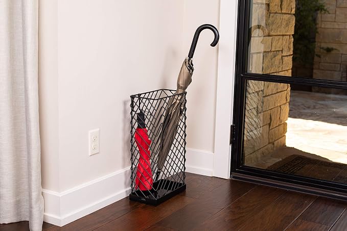 BIRDROCK HOME Decorative Umbrella Stand with Removable Water Tray - Large Metal Umbrella Rack and Cane Walking Stick Organizer for Entryway - Umbrella Holder for Indoor & Outdoor - Black, Diagonal