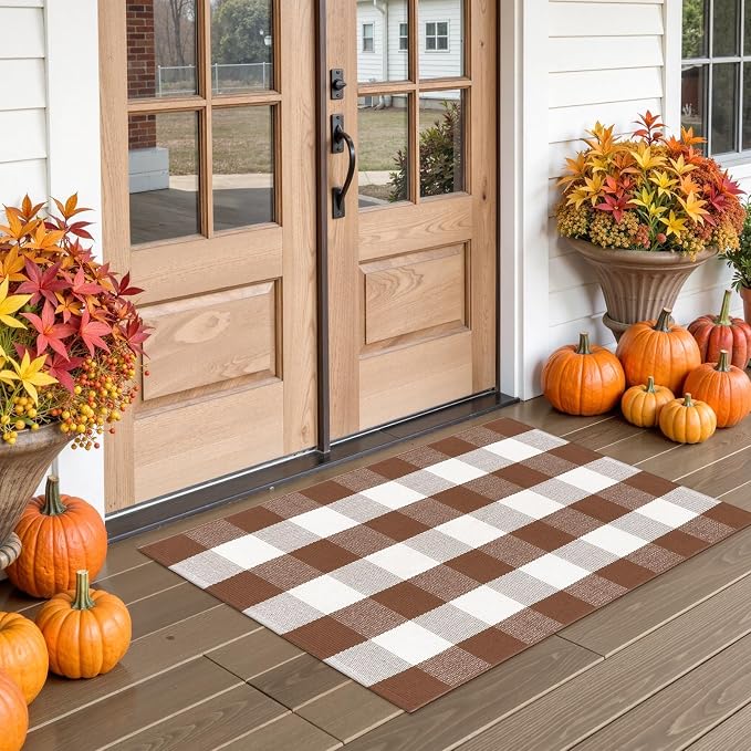 Buffalo Plaid Checkered Rug 27.5"x43" Fall Front Door Mat Outdoor Porch Rug | Washable Woven Front Porch Rug Outdoor Door Mat Welcome Mats Indoor Outdoor Autumn Layered Doormats for Entryway Entrance