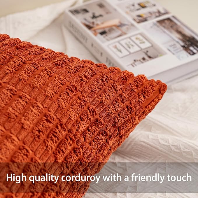 Pack of 2 Corduroy Decorative Throw Pillow Covers 24x24 Inch Soft Striped Pillow Covers Modern Farmhouse Home Decor for Sofa Living Room Couch Bed（Wine Red）