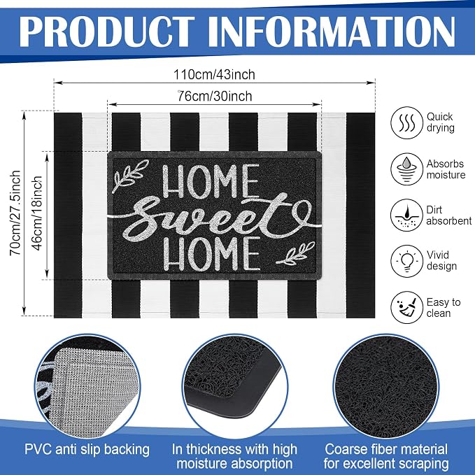 Geelin 2 Pcs 30'' x 18'' Doormat 43'' x 27.5'' Black and White Layered Rug for Front Door Mat Outside Entrance Welcome Door Mats for Indoor Outdoor Entryway Porch Decor(Stripe Home Sweet Home)