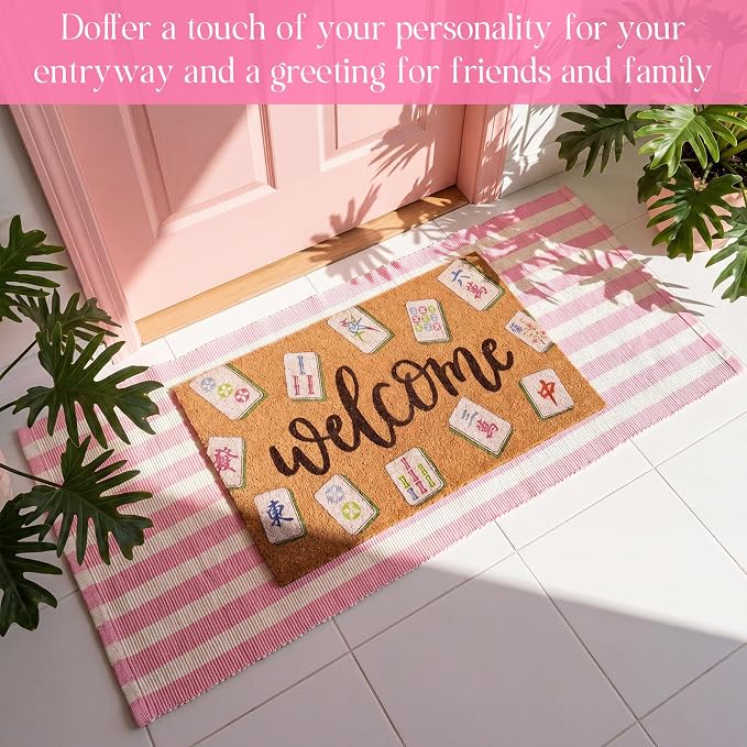 2 Pcs Outdoor Door Mat Combo Set Layered Outdoor Rug and Coir Welcome Doormat Non Slip Outside Floor Mat for Front Porch Entryway Patio Yard Decor(Mahjong,24'' X 51',18'' X 28'')