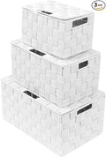 Sorbus Set of 3 Hand-Woven Storage Baskets with Lids – Decorative Wicker Organizers for Home, Closet, or Shelves (White)