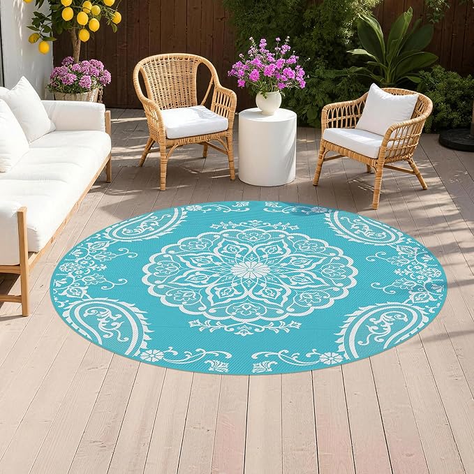 Pauwer Outdoor Rug 6ft, Waterproof Plastic Straw Camping Rug, Boho Teal | Reversible Patio Rug, UV Resistant Indoor Outdoor RV Mat Carpet For Deck, Camper, Porch, Balcony, Backyard, Picnic, Foldable