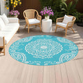 Pauwer Outdoor Rug 6ft, Waterproof Plastic Straw Camping Rug, Boho Teal | Reversible Patio Rug, UV Resistant Indoor Outdoor RV Mat Carpet For Deck, Camper, Porch, Balcony, Backyard, Picnic, Foldable