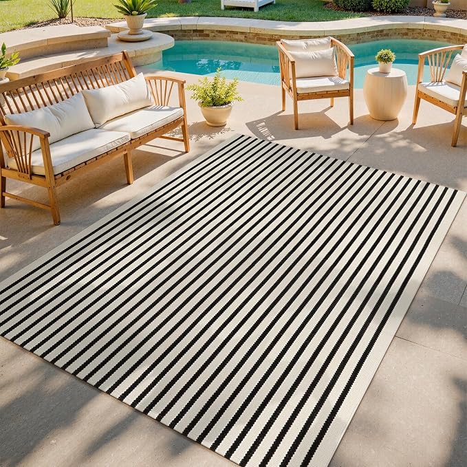 Collive Black and White Outdoor Rug, 5x8ft Striped Outdoor Rug, Reversible Washable Patio Rugs, Cotton Hand Woven Indoor Area Rug Floor Carpet for Outdoor Indoor Porch