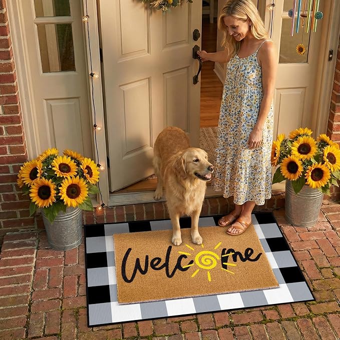 2 Pcs Summer Welcome Door Mat Set, Welcome Sun Decorative Front Door Mat and Buffalo Plaid Rug, Washable Entryway Rug for Outdoor Indoor Home Farmhouse Porch Decor, 16x24 and 24x32 Inch