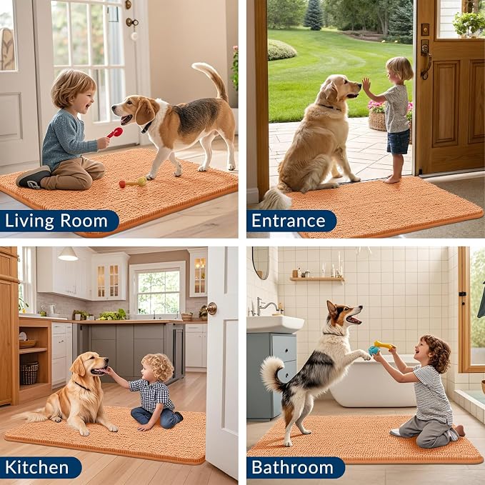 Smiry Dog Door Mat for Muddy Paws 71x46, Absorbent Dirt Trapper, Non-Slip Washable Chenille Entryway Rug for Inside Floor, Orange, Classic Solid