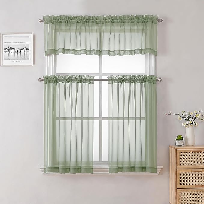 Lecloud Sage Green Short Sheer Curtains 14 Inch Length 2 PCS, Cafe Kithen - Image 3