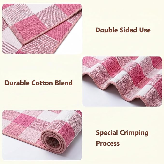 Buffalo Plaid Area Rug, Checkered Rug 27.5x43 Inches, Pink and White Rug, Washable Cotton Mat for Front Porch, Entryway, Kitchen, Living Room, Home Decor