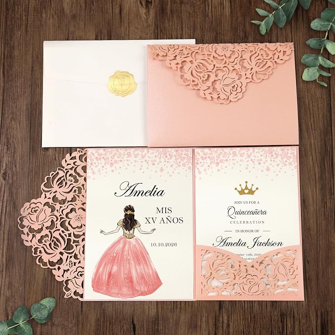 DORIS HOME Laser Cut Quinceanera Invitation Pockets, Pink, 5"x7" | 50pcs, With Envelopes, For Birthday Miss 15, Sweet 16, No Inserts Included