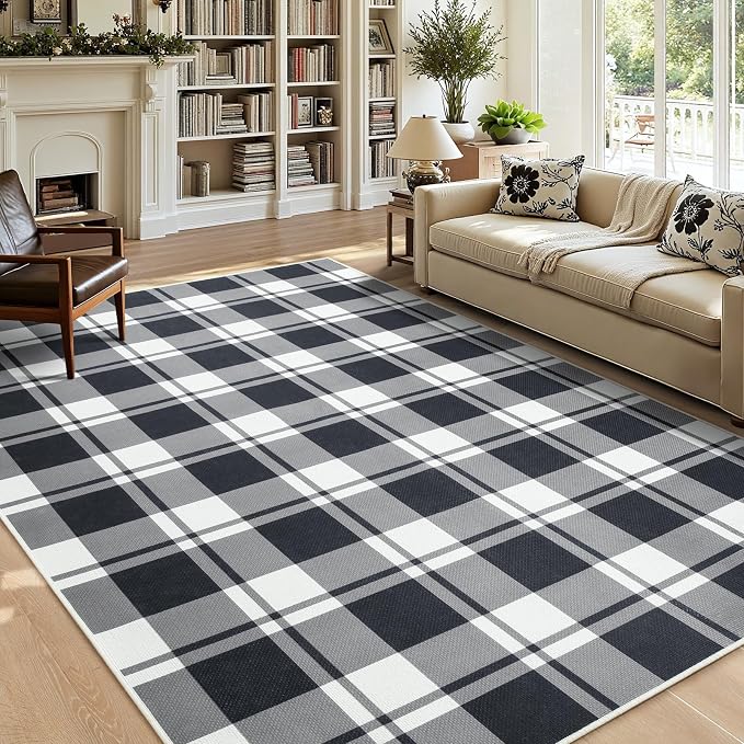 AROGAN Checkered Jute 4x6 Area Rugs, Washable Outdoor Patio Rug for Living Room Entrance Indoor Outdoor Carpet, Farmhouse Design Neutral Geometric Rugs for Front Porch Mat Dining Room