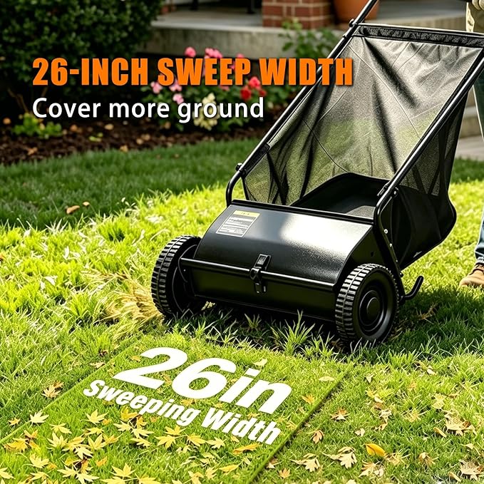 Push Lawn Sweeper, 26 in Grass Sweeper Leaf Collector with 7 Cu.ft Mesh Bag, Yard Sweeper with Adjustable Brush Height and 4 Spinning Brushes for Cleanup, Lawn Care Equipment