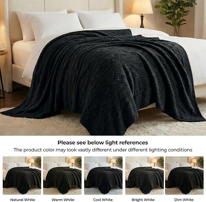 Superior Fleece Boho Jacquard Blanket, Decorative Blankets for Bedroom, Sofa, Fuzzy, Plush, Fluffy, Soft, Cute Room Decor, Beautiful Cover, Comfort Essentials, Arctic Collection, Throw, Black