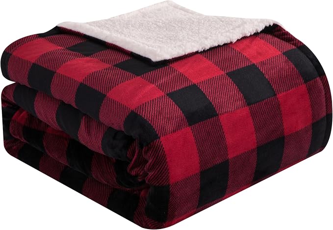 Elegant Comfort Ultra Soft Reversible Buffalo Plaid Flannel Sherpa Blanket - Cozy Silky Checkered Fleece Throw for Couch, Bed - Plush Fuzzy Warm Winter Blanket for Gift, Full, Burgundy