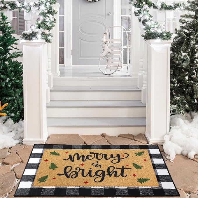 Tinideya 2 Pcs Door Mat Welcome Non Slip Coir Mats Floor Layering Doormats Seasonal for Front Porch Entryway Decor(Rustic Christmas)