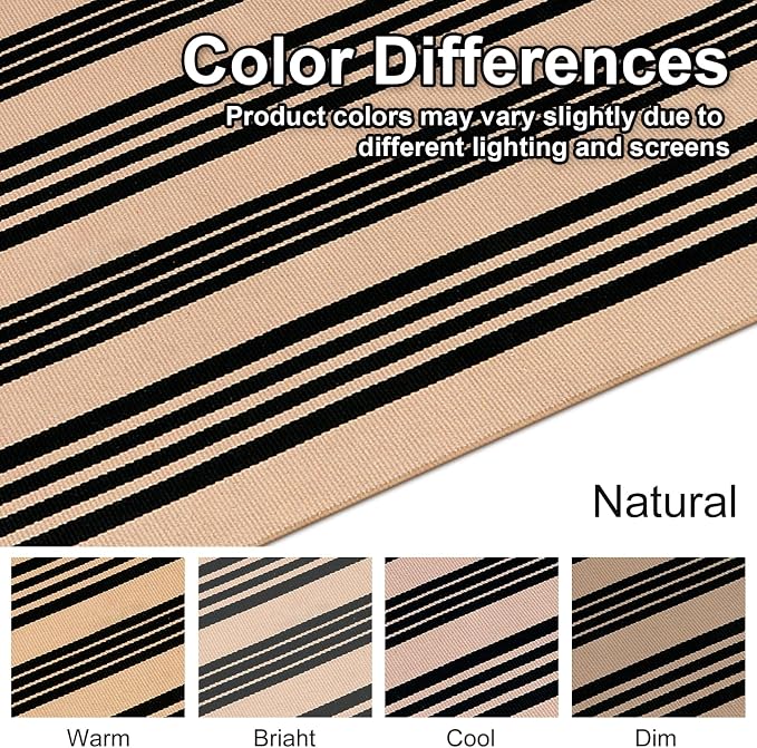 LEEVAN 4'X6' Black and Tan Striped Woven Cotton Reversible Outdoor Rug | Machine Washable Front Porch Rug, Entryway Door Mat, Indoor Layering Carpet for Balcony Farmhouse Laundry Patio