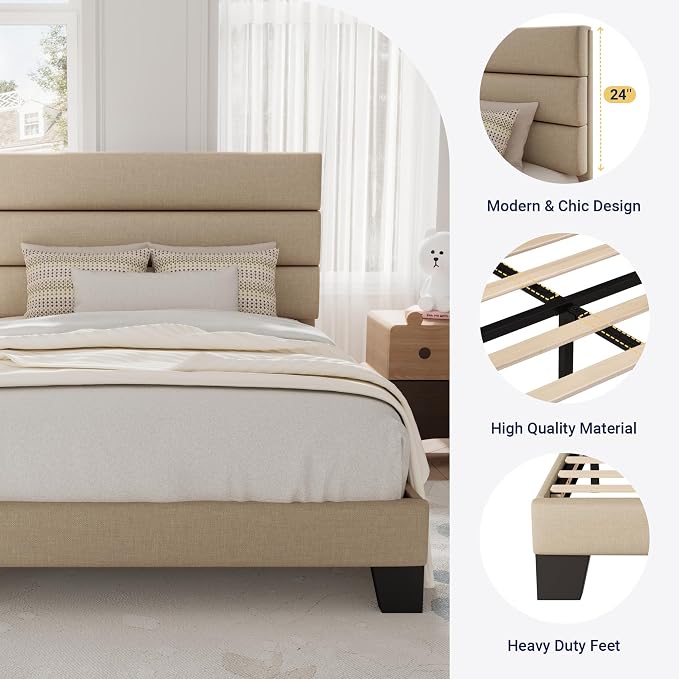 Allewie Twin Size Platform Bed Frame with Fabric Upholstered Headboard | Wooden Slats Support, Fully Upholstered Mattress Foundation, No Box Spring Needed, Easy Assembly, Noise-Free, Beige