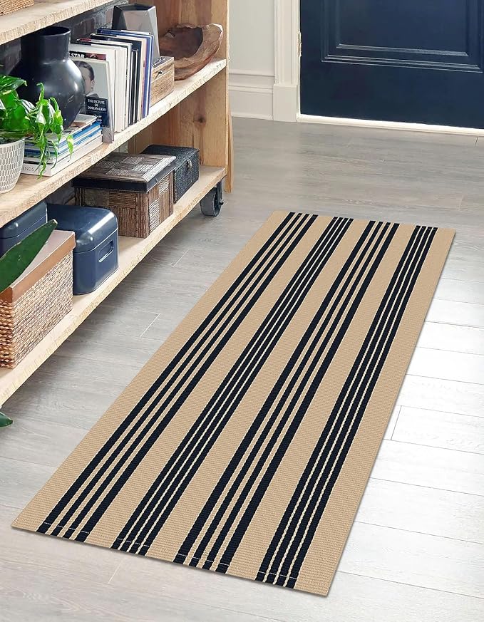 IOHOUZE Striped Area Rug 2'x4.3' Tan and Black Front Door Rugs Small Washable Area Rug for Front Porch, Spring Summer Welcome Door Mats Outdoor Indoor, Doormat for Entryway Porch Entrance