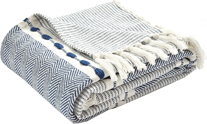 Lush Decor Herringbone Stripe Woven Tassel Yarn Dyed Cotton Tassel Throw Blanket 50" W x 60" L Navy & White - Striped Throw Blankets - Blue Couch Blanket