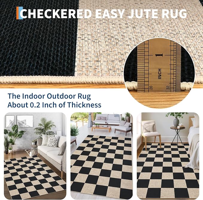 GarveeHome Checkered Easy Jute Runner Rug 2x6 Non-Slip Machine Washable Stain Resistant Indoor Outdoor Rugs for Living Room, Bedroom, Kitchen, Dining, Patio - Farmhouse Style Black