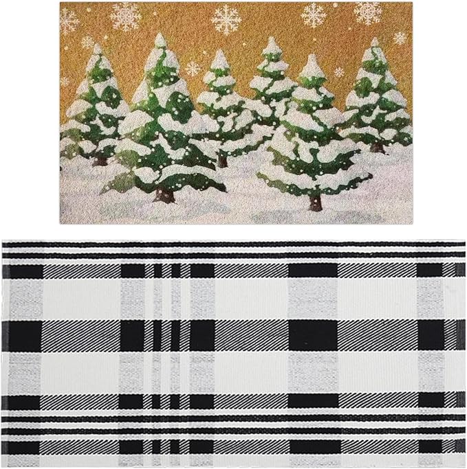 2 Pcs Outdoor Door Mat Combo Set Layered Outdoor Rug and Coir Welcome Doormat Non Slip Outside Floor Mat for Front Porch Entryway Patio Yard Decor(Pine Tree,24'' X 51',18'' X 28'')