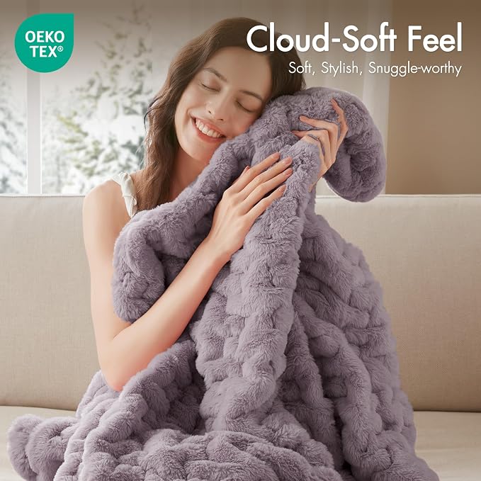 Madison Park Ruched Faux Fur Luxury Throw Lavender 50*60 Premium Soft Cozy Brushed Long Faux Fur For Bed, Coach or Sofa | Luxury, Premium, Soft Cozy Brushed Long Pile, All Season Plush Modern OEKO- TEX Certification Warm For Bed, Couch or Sofa