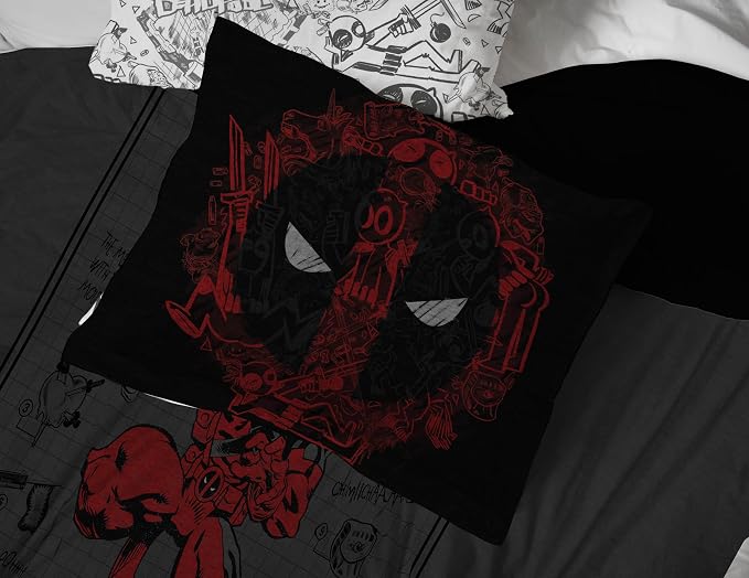 Marvel Deadpool Queen Comforter Set 7 Piece Bedding for Boys, Gray | Bed in a Bag, Comforter Sheets Shams Pillowcases, Official Product, Soft Microfiber, Machine Washable, Boys Gift