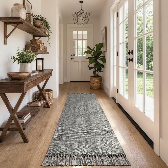 Collive Boho Washable Kitchen Runner Rug, Modern Farmhouse Hallway Runner Rug 2.6' x 8' Gray Bathroom Rugs, Hand Woven Entry Hall Carpet for Laundry Bedroom Decor