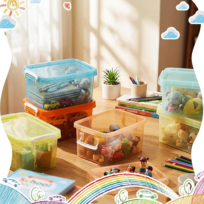 Wenqik 6 Pack Colorful Plastic Storage Bins with Lids 4 Quart Small Storage Latch Box Stackable and Nestable Clear Organizer Bins with Latching Handle and Buckle for Organizing (Pastel)
