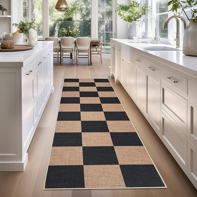 COZYLOOM 2x6 Bathroom Runner Rug Machine Washable Area Rugs for Entryway Modern Checkered Jute Rug with Non Slip Backing, Stain Resistant Foldable Geometric Mats for Kitchen, Brown