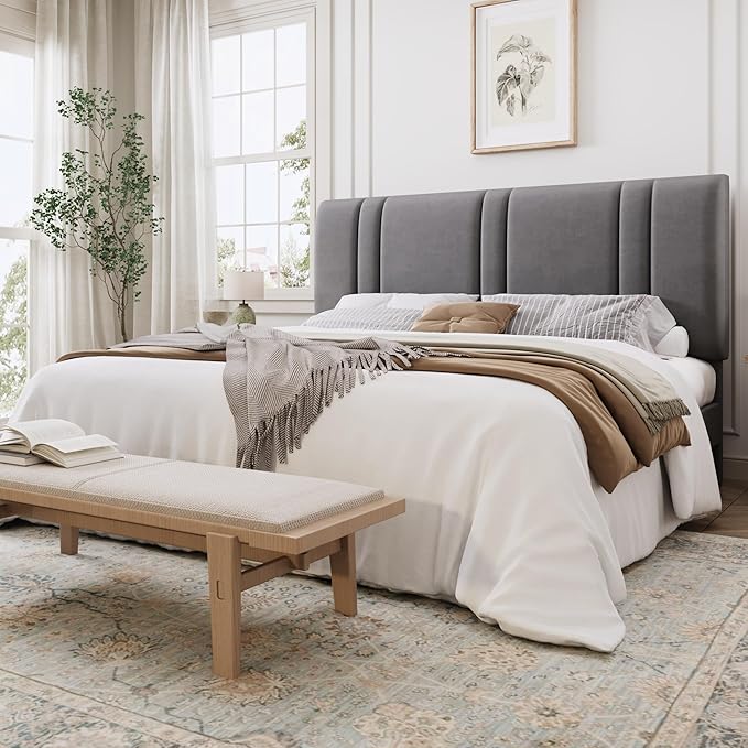 SHA CERLIN King Size Velvet Bed Frame with Adjustable Headboard, Grey | Vertical Channel Tufted Design, Upholstered Platform Bed, Wood Slats Support/No Box Spring Needed/Easy Assembly